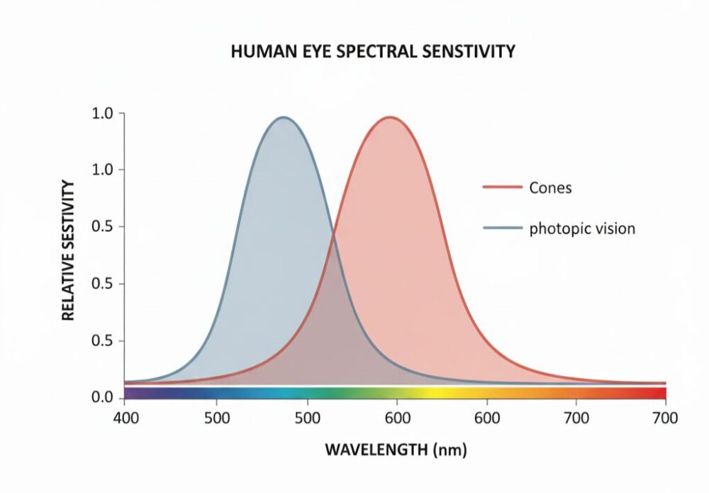 人間の眼のスペクトル感度曲線。波長に応じて感度が変わり、可視域の中で山を持つ。