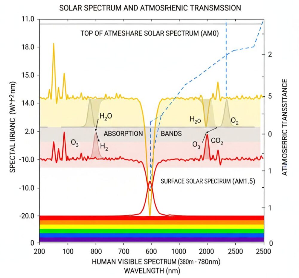 太陽光スペクトルと大気透過率のグラフ。可視光域でエネルギーが高く、大気による吸収も比較的少ない。