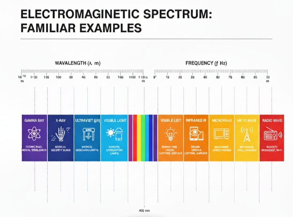 「ガンマ線から電波までを波長順に並べた電磁波スペクトル図（可視光の帯域がごく狭いことが分かる）」